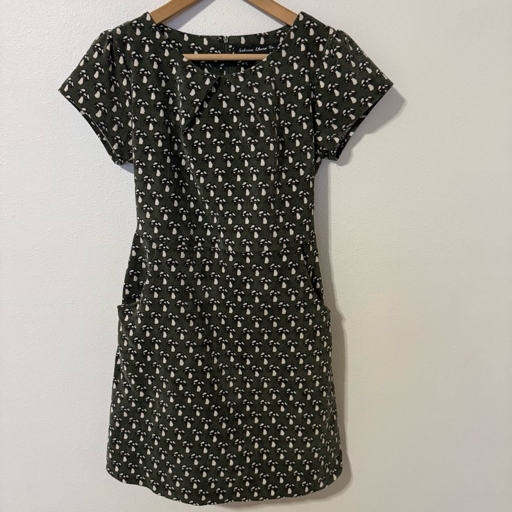 Vintage Toadstool Mushroom Corduroy Midi Dress Olive Green Pockets-Small